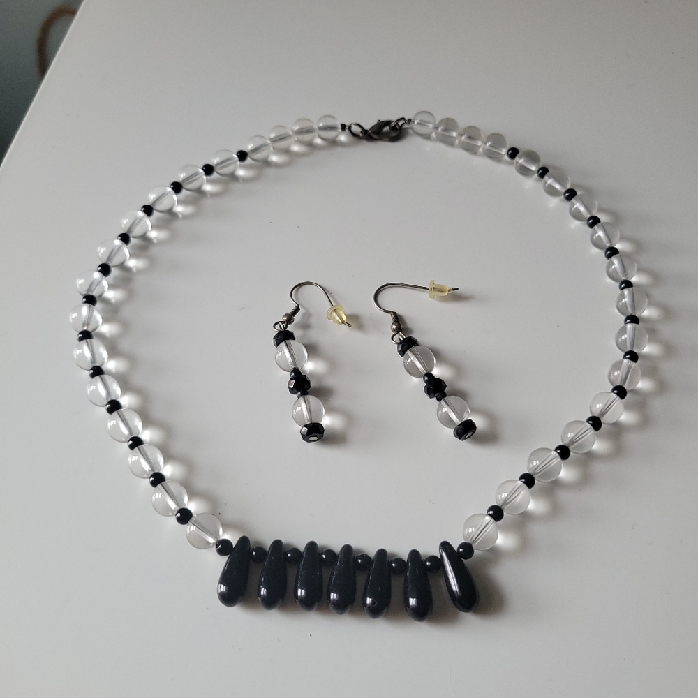 Black and Clear Beaded Necklace & Earring Set